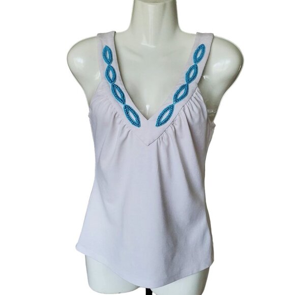 White Sleeveless Top with Blue Embroidery - Picture 1 of 8